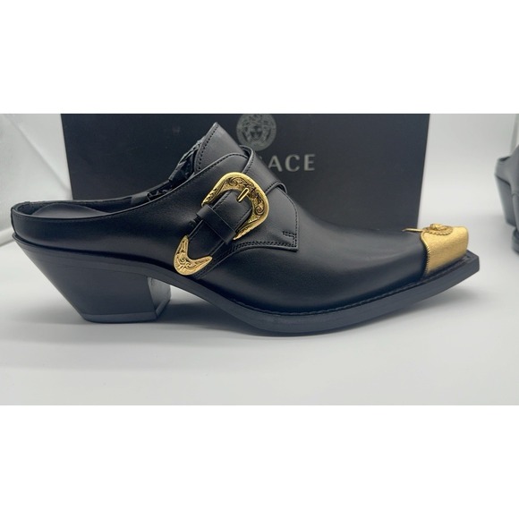 Versace Black Gold Leather Mules Heels Medusa Bucklel Women's 40 EU New - Picture 12 of 16